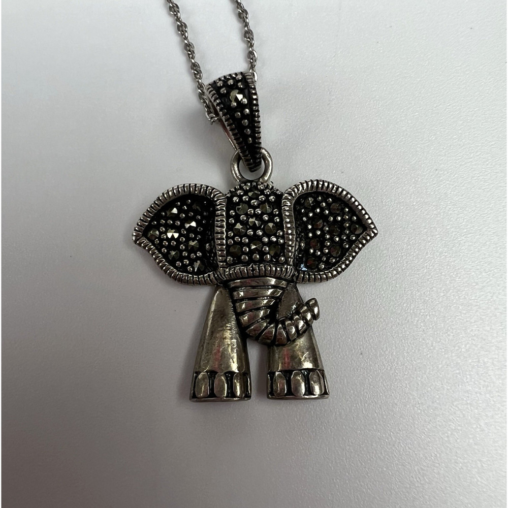 Sterling Silver 925 Marcasite Elephant Pendant Necklace 18” Thai 925